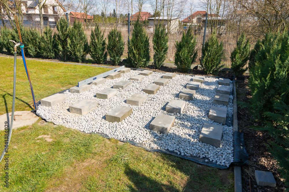 Concrete block foundation for wooden garden shed