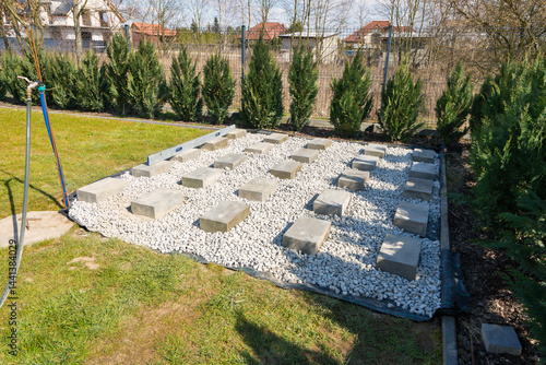 Obraz na płótnie Concrete block foundation for wooden garden shed w salonie