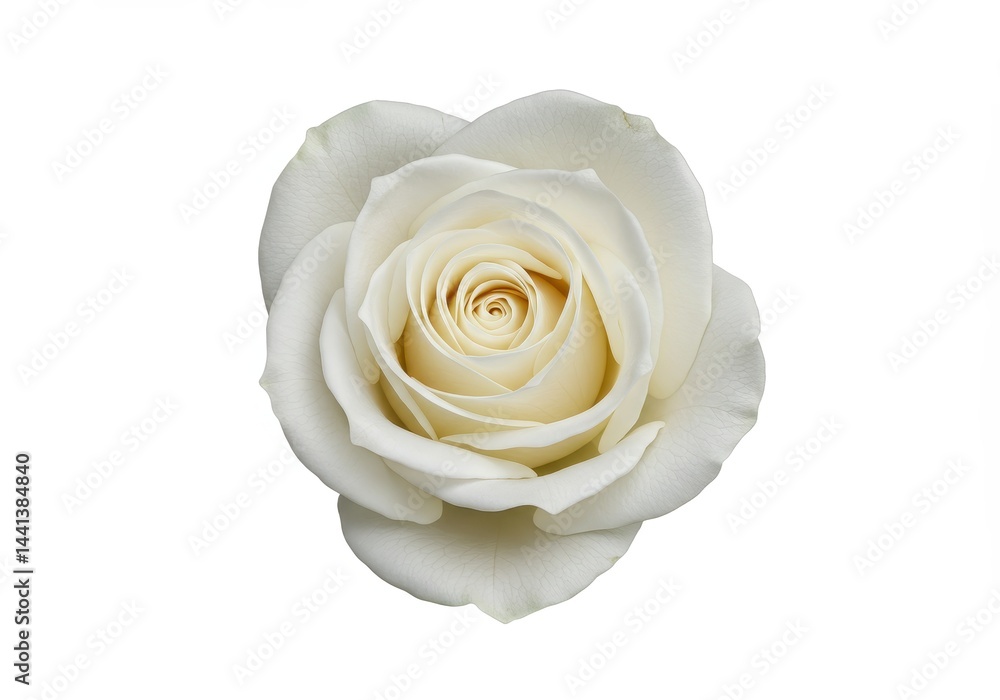 A single white rose with a visible center and petals against a plain white background in a close up view A single white rose with a visible center and petals against a plain white background in a close up view