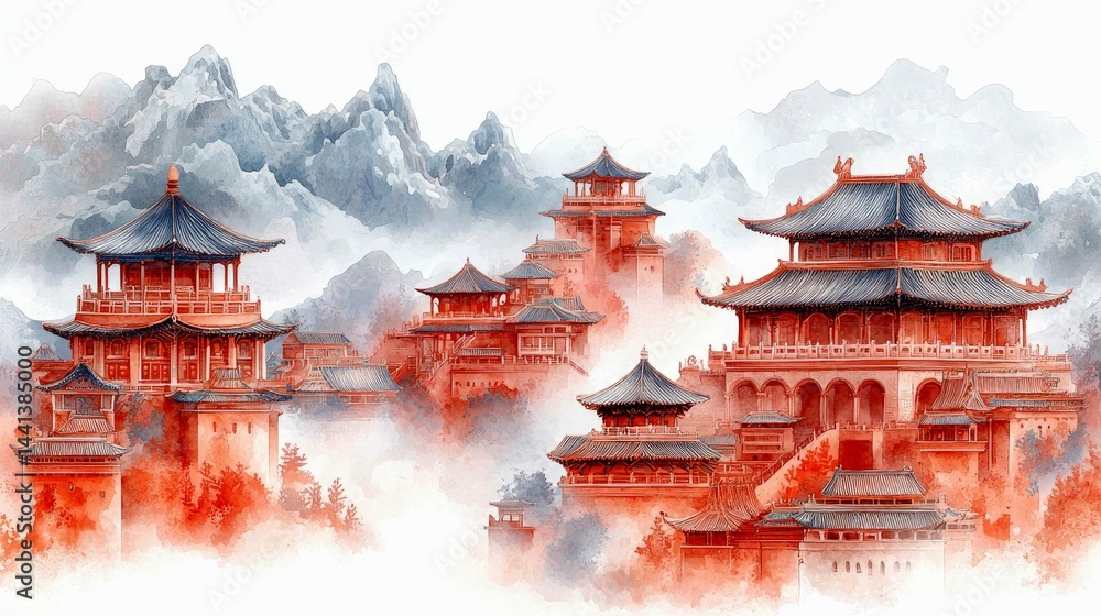 Obraz premium Ancient Chinese Palaces in Misty Mountains: Watercolor Painting