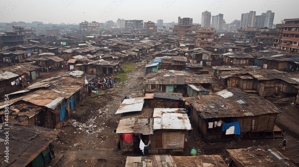 Fototapeta premium Dense Slums Encroaching on Modern Cityscape, highlighting urban disparity