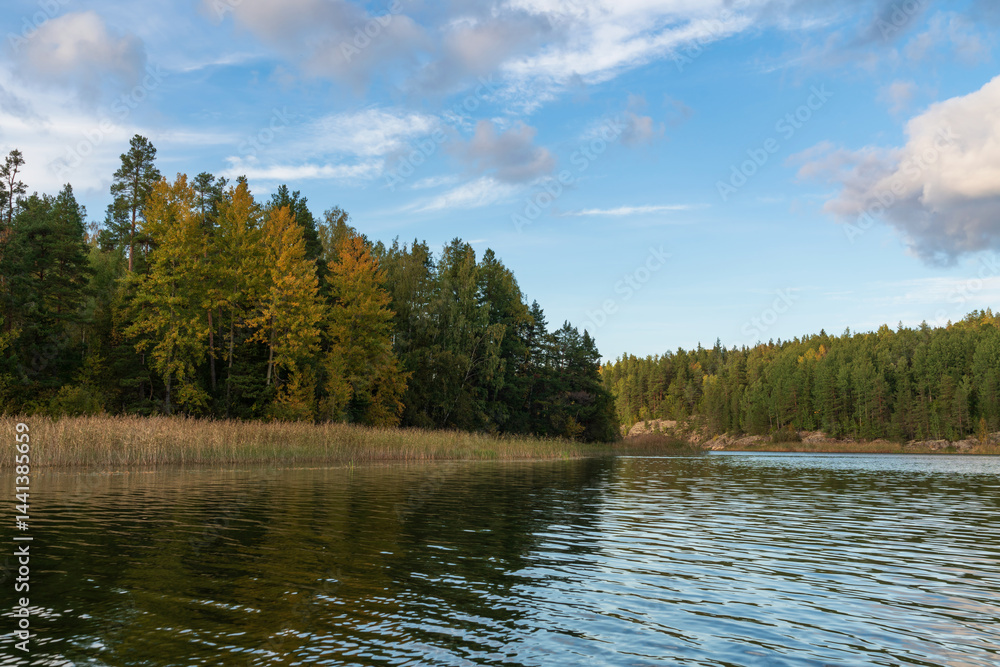 Lake Ladoga near the village Lumivaara on a sunny autumn day, Ladoga skerries, Lakhdenpokhya, Republic of Karelia, Russia