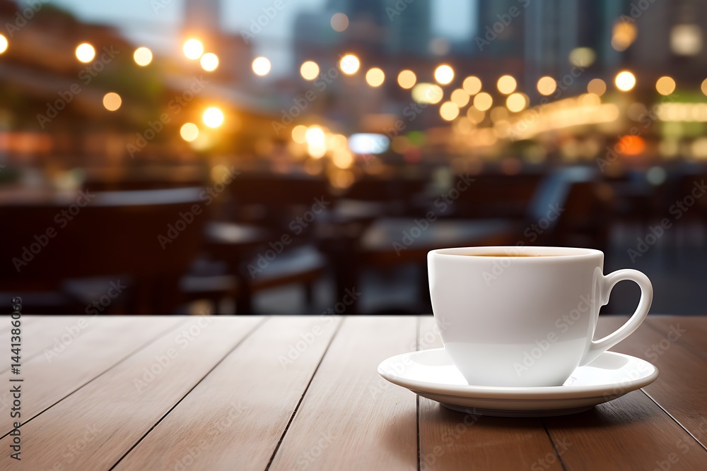Obraz premium Coffee Cup on Wooden Table with Blurred Bokeh City Lights in Background