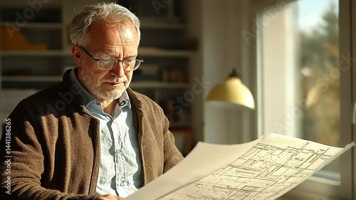 Senior Man Reviewing Blueprints in Sunlit Home Office