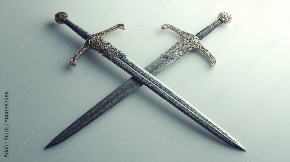 Obraz premium Antique medieval swords crossed on a plain white surface with detailed hilt and blade close up for historical weapon collection or medieval combat theme