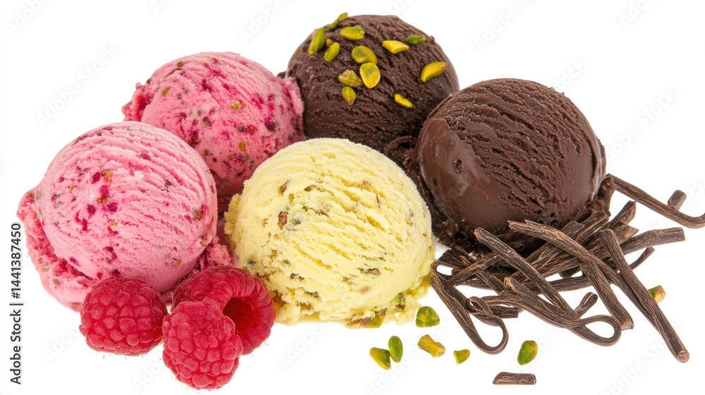 Fototapeta premium Assorted ice cream scoops, raspberries, pistachios, and chocolate shavings
