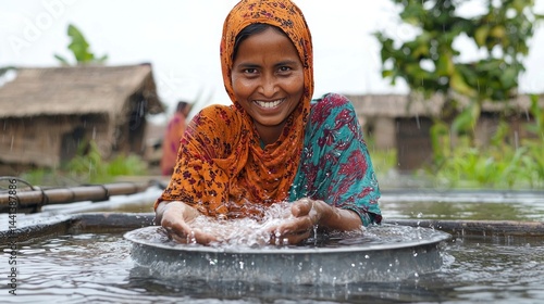 Smiling Woman Collects Clean Water in Sustainable Village with Water Supply System for a Better Future