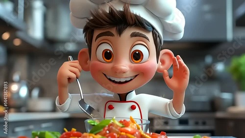 Smiling Cartoon Chef Preparing a Colorful Salad