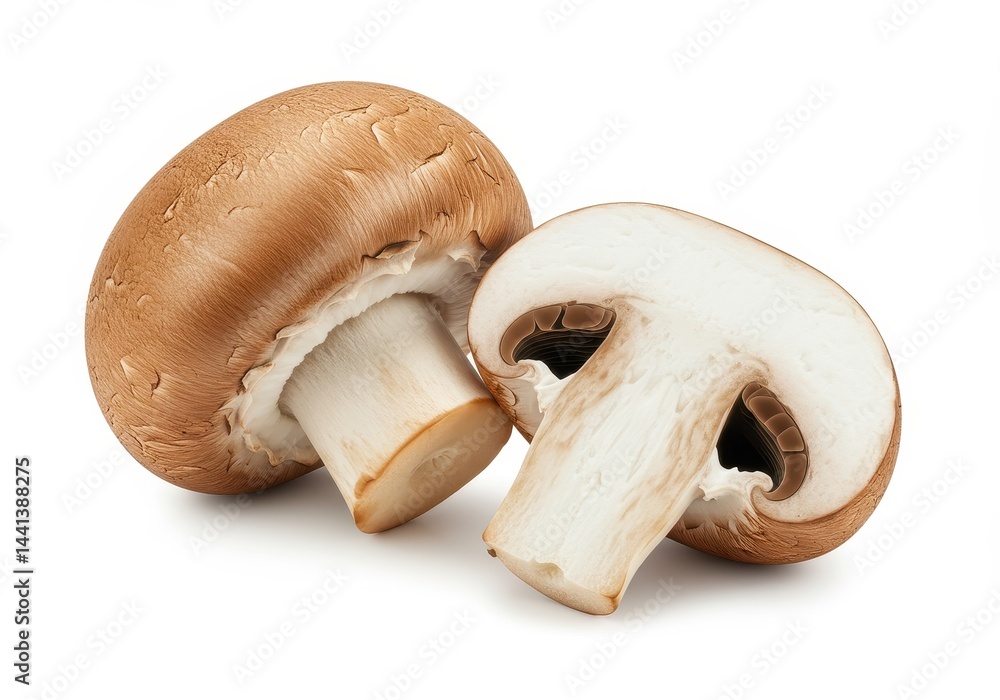 Fototapeta premium A close up shot of two brown mushrooms, one whole and one cut in half, on a white background