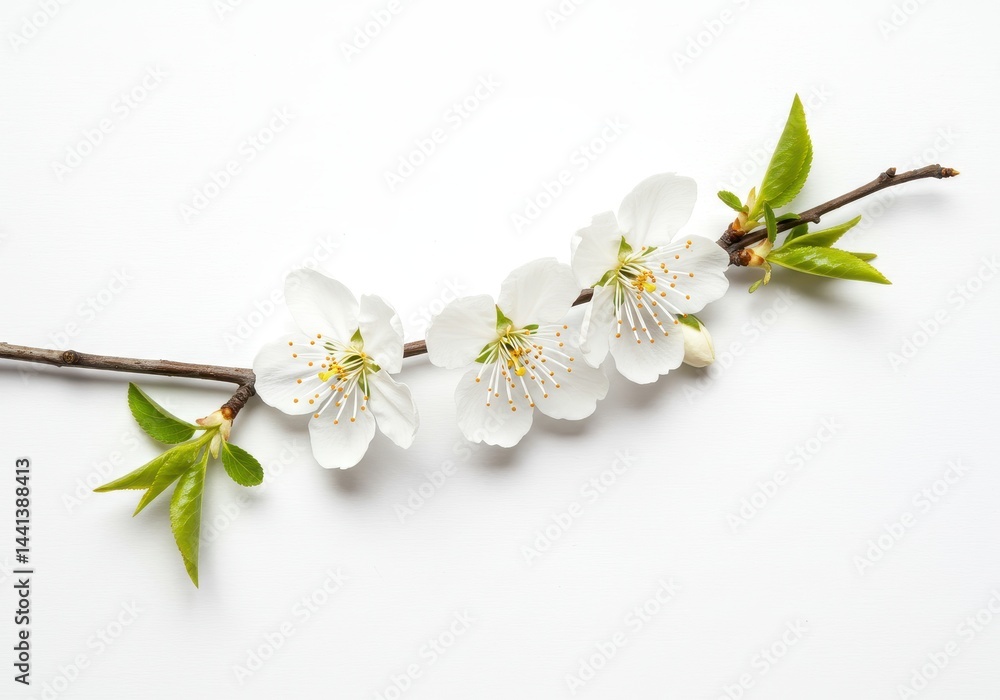 Obraz premium A delicate branch with white blossoms and green leaves against a plain white background studio shot