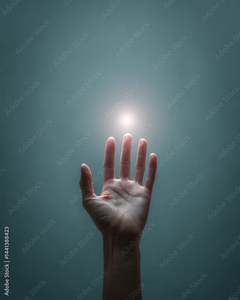 Human hand reaching up with a glowing marketing sales icon hologram above it, set against a plain blue background, minimalistic and futuristic style.