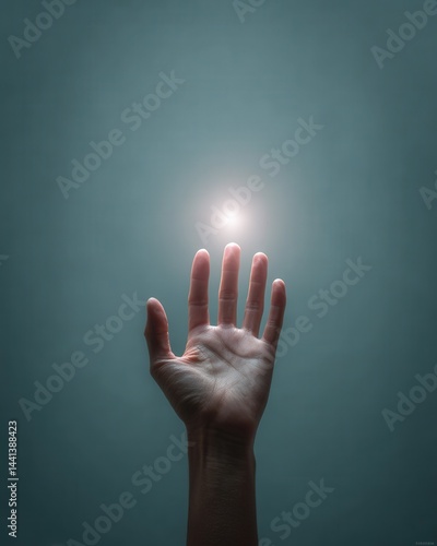 Obraz na płótnie Human hand reaching up with a glowing marketing sales icon hologram above it, set against a plain blue background, minimalistic and futuristic style. w salonie