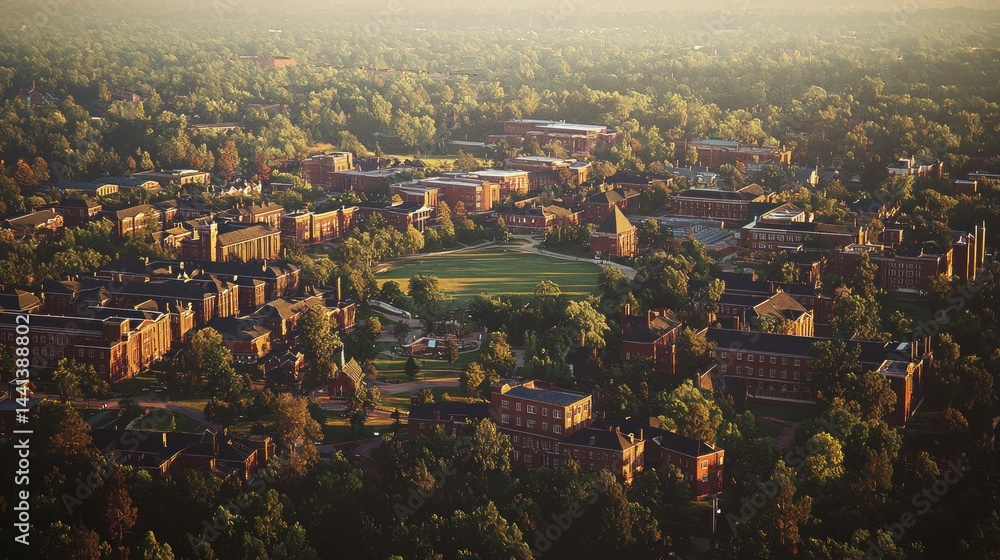 Obraz premium Aerial View of Campus with Lush Greenery and Historic Buildings at Golden Hour in Photographic Realism