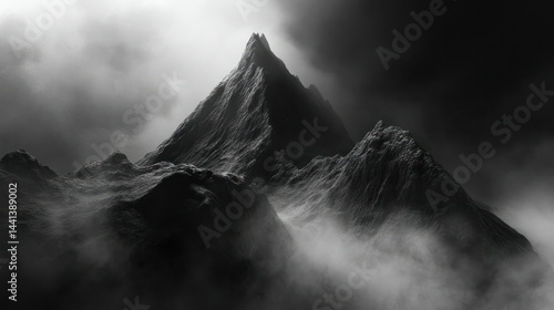 Dramatic black and white photo of a towe jagged mountain peak surrounded by mist and clouds with a dark stormy sky overhead, creating a mysterious and powerful landscape scene