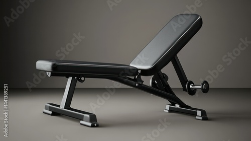 Adjustable black and gray weight bench for strength training and exercise, compact home gym equipment with padded seat and sturdy metal frame for fitness