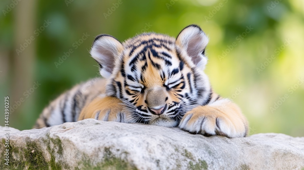 Obraz premium A cute tiger cub resting its head on a rock, with a blurred green background.