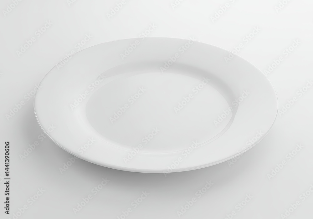 A simple white plate is centered on a white surface with soft shadows and bright lighting present