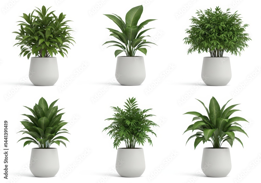 Obraz premium Six potted plants with green leaves in white pots arranged on a white background in a grid pattern