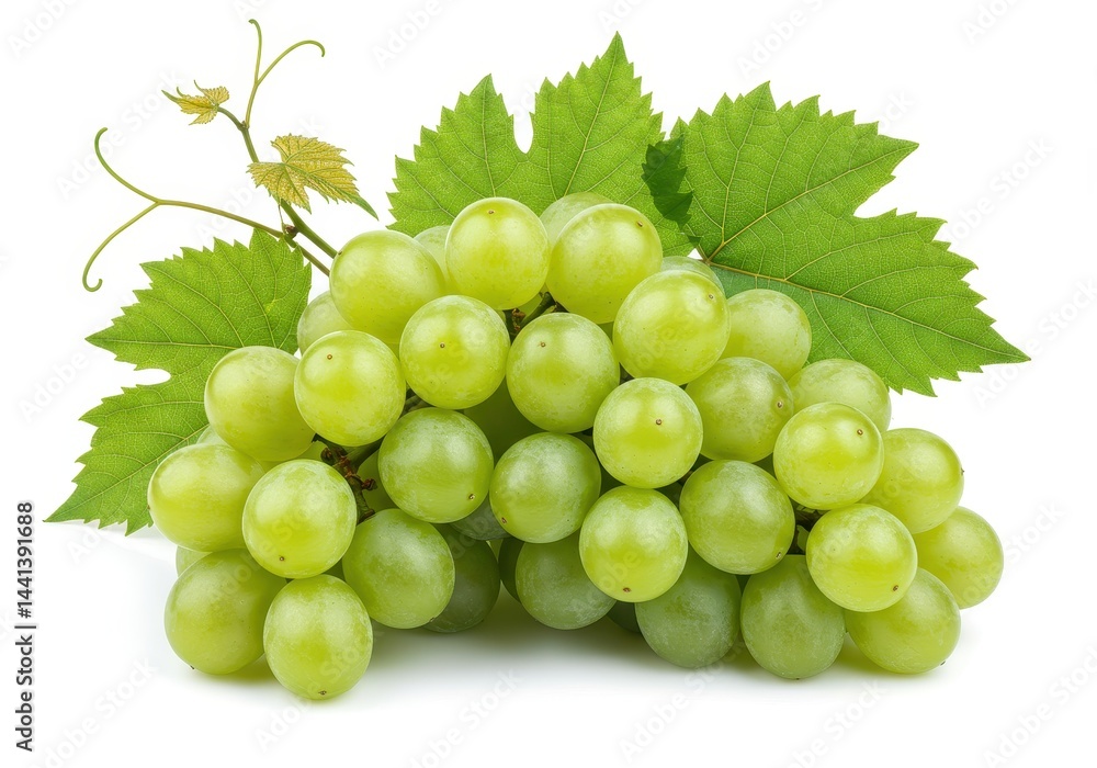 Obraz premium A bunch of green grapes with leaves attached isolated on a plain white background close up view