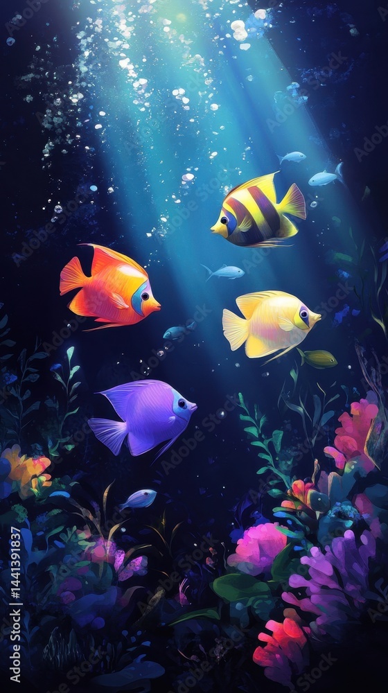 Fototapeta premium Underwater Serenity Colorful Fish Swimming Gracefully Amidst Vibrant Coral Reefs and Sunlit Depths Capturing the Tranquil Beauty of Marine Life in a Peaceful Ocean Scene