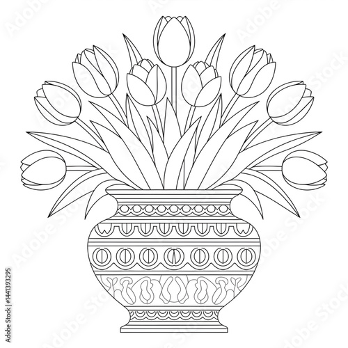 A black and white flowers tulips inside the vase illustration line art of a coloring page 