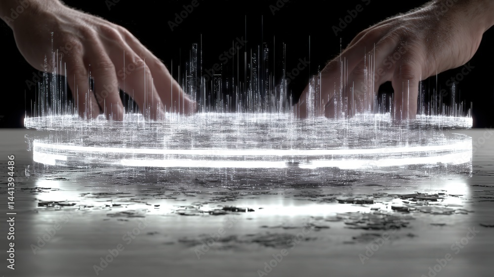 Human hands interact with a 3D holographic graph showing rising profits, set in a minimal high-tech environment with digital elements floating in the air.