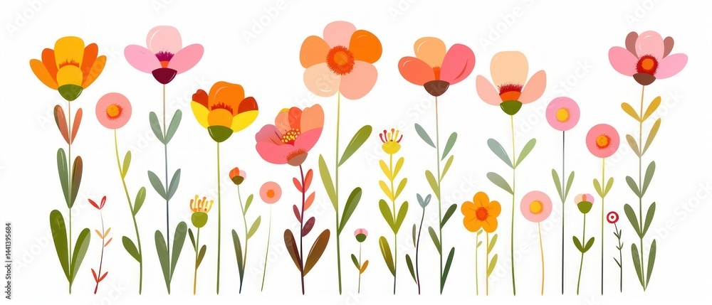 Colorful whimsical row of various stylized flowers with pink, orange, and yellow petals and green stems on white background, evoking cheerfulness and playful simplicity Colorful whimsical row of various stylized flowers with pink, orange, and yellow petals and green stems on white background, evoking cheerfulness and playful simplicity