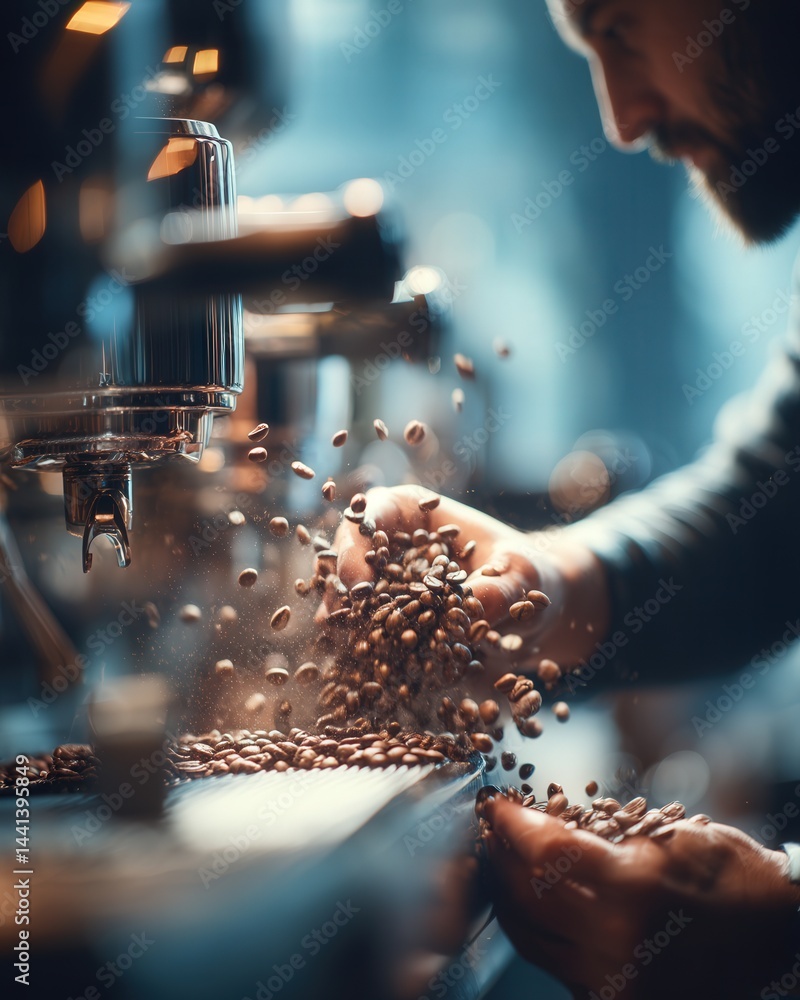 Young barista operates a high-tech espresso machine in a stylish modern café, with coffee beans flying in mid-air, warm lighting, clean composition.