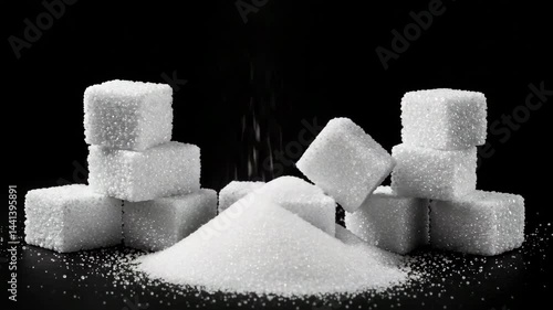 White granulated sugar falls onto pile sugar cubes on black background, close up. Slow motion. The concept of unhealthy eating, obesity, heart disease, diabetes