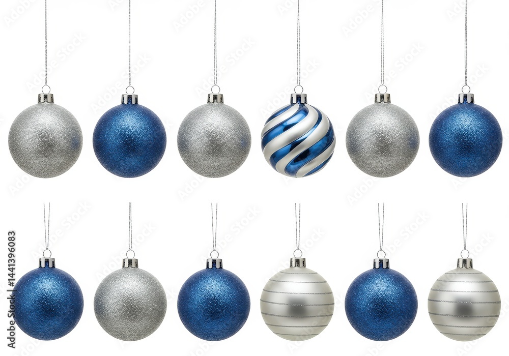 Arrangement of twelve christmas ornaments in blue and silver on a white studio background Arrangement of twelve christmas ornaments in blue and silver on a white studio background