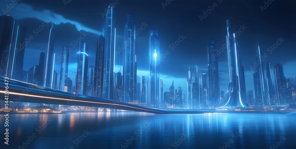 近未来都市の夜景 青いネオンライトが輝く高層ビル群と水面の風景 橋が前景に 夜空には星が輝き幻想的 近未来都市の夜景 青いネオンライトが輝く高層ビル群と水面の風景 橋が前景に 夜空には星が輝き幻想的