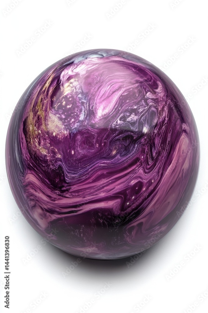 Fototapeta premium Abstract sphere with swirling purple and gold textures creating a mesmerizing cosmic marble effect on a white background in a studio shot