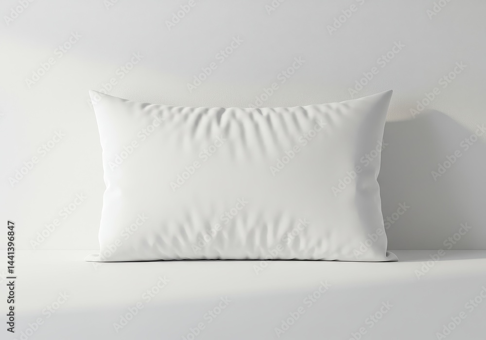 A pristine white pillow rests against a white wall casting a subtle shadow in a minimalist setting A pristine white pillow rests against a white wall casting a subtle shadow in a minimalist setting