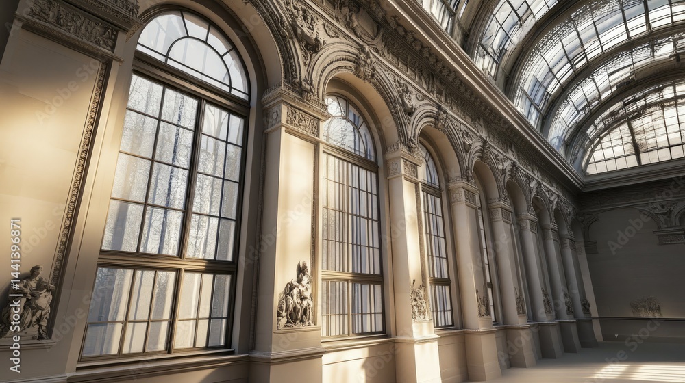 Grand Architectural Interior: Sunlight Streaming Through Ornate Windows of a Historic Building Grand Architectural Interior: Sunlight Streaming Through Ornate Windows of a Historic Building
