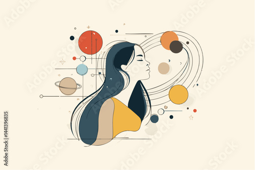 Abstract vector illustration of a woman with cosmic elements and planetary orbits, symbolizing imagination, identity, and space exploration