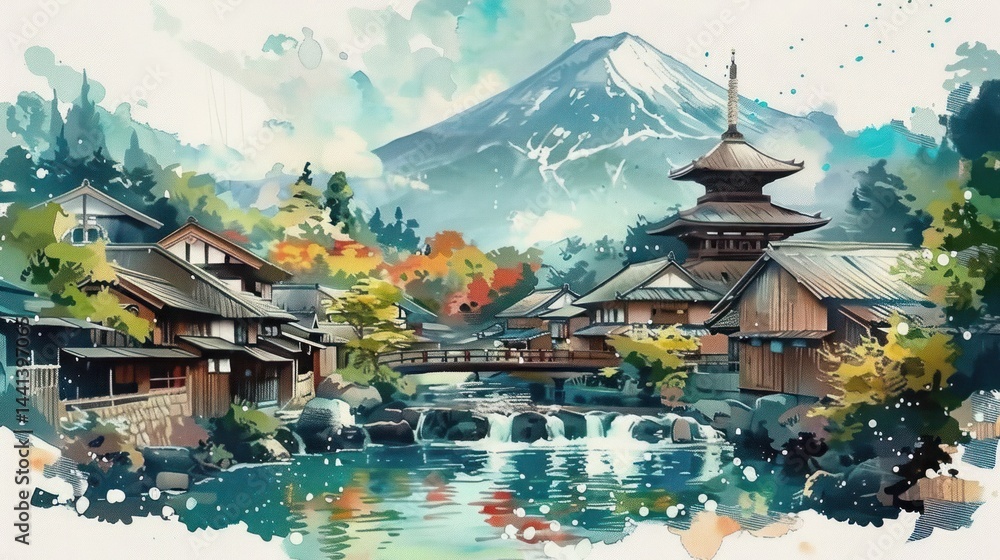 Obraz premium Peaceful traditional village with wooden houses and bridge over river, colorful autumn trees, serene water reflections, and a towering snow-capped mountain in the background