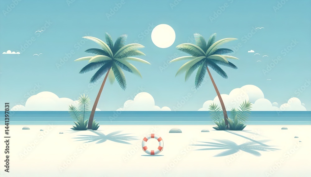 Obraz premium Minimalist vector illustration of tropical shoreline with wide white sandy beach, scattered palm leaves, red lifebuoy near the waterline, and clean blue sky, summer banner design
