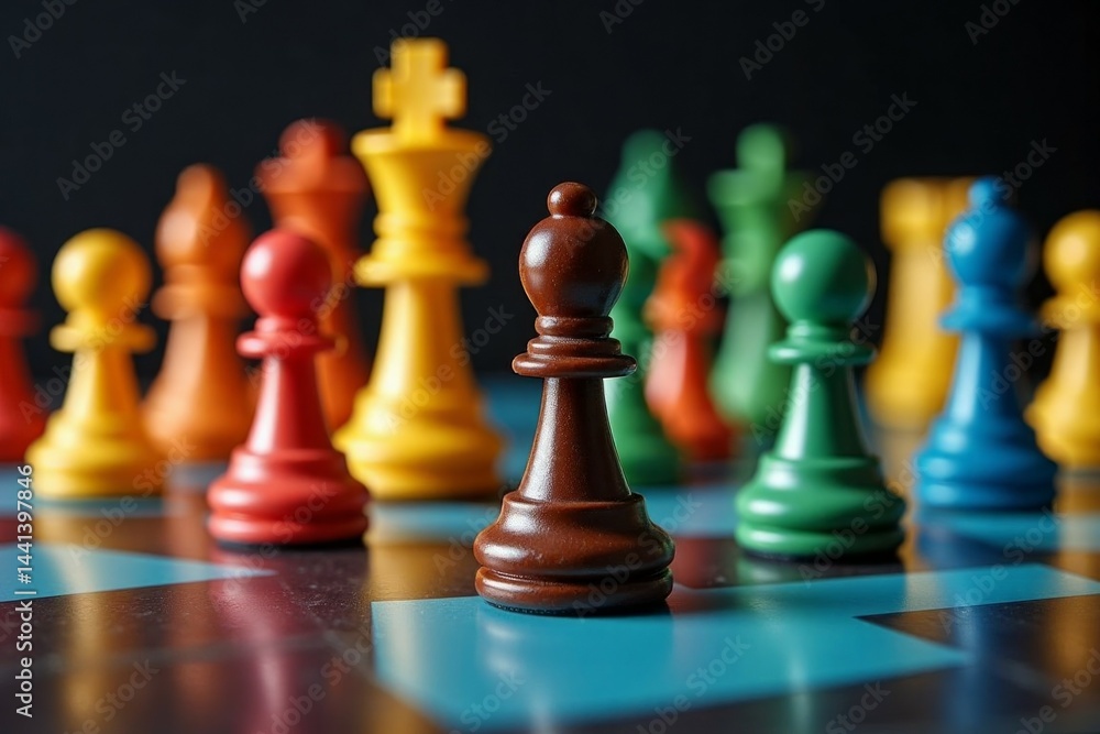 Colorful chess pieces arranged on a board. Colorful chess pieces arranged on a board.