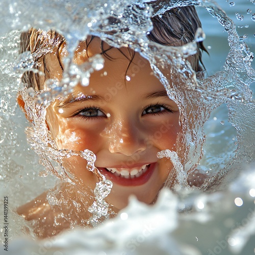 Close-up of a child's joyful face as waves splash around while playing in water on a sunny day filled with happiness and excitement