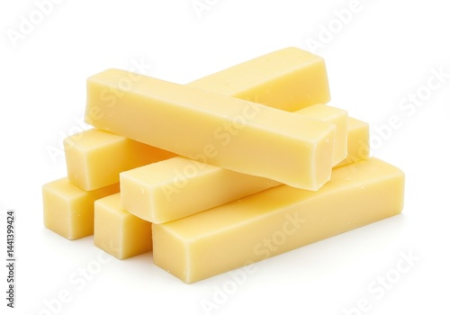 A stack of cheddar cheese sticks isolated on a white background in a close up product shot view