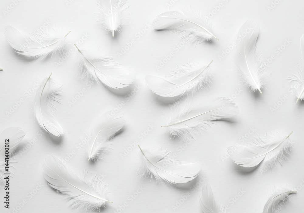 Fototapeta premium Scattered white feathers on a white surface creating a soft and delicate minimalist composition style image