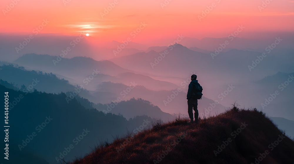 Fototapeta premium Hiker Silhouette on Mountain Ridge at Sunset