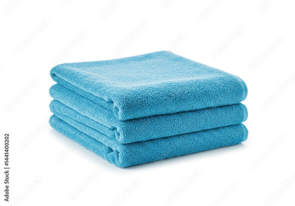 A stack of three folded light blue towels neatly arranged on a plain white surface in the studio light A stack of three folded light blue towels neatly arranged on a plain white surface in the studio light