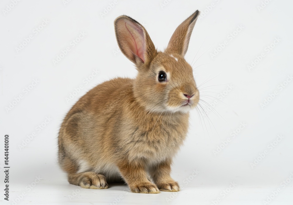 A light brown rabbit with long ears sitting upright on a white background looking at the camera angle A light brown rabbit with long ears sitting upright on a white background looking at the camera angle