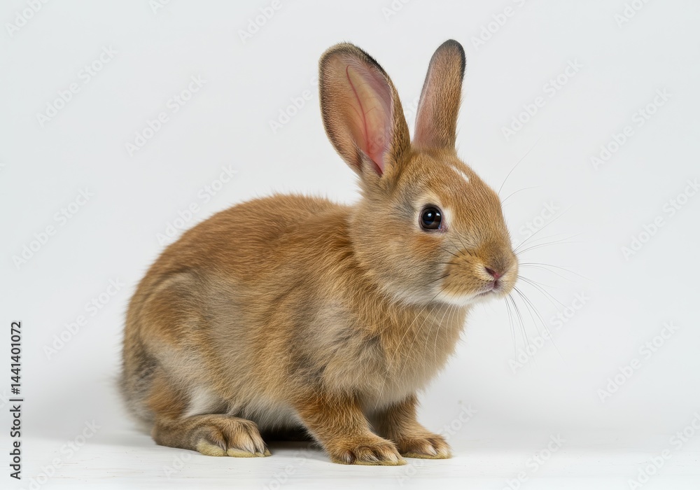 Fototapeta premium A light brown rabbit with long ears sitting against a plain white background in a studio setting