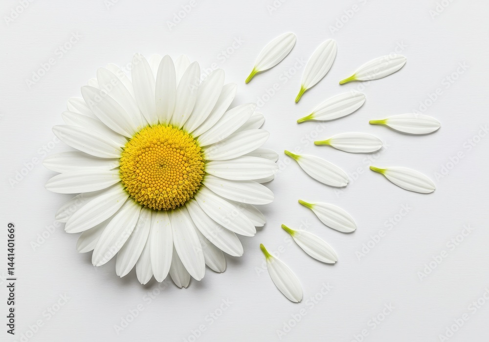 Fototapeta premium Close up of a daisy flower with some of its petals removed and scattered on a white background