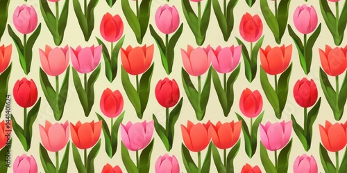 Wallpaper Mural Seamless pattern of vibrant red and pink tulip flowers with green leaves on light yellow background, evoking feelings of spring freshness and natural beauty Torontodigital.ca