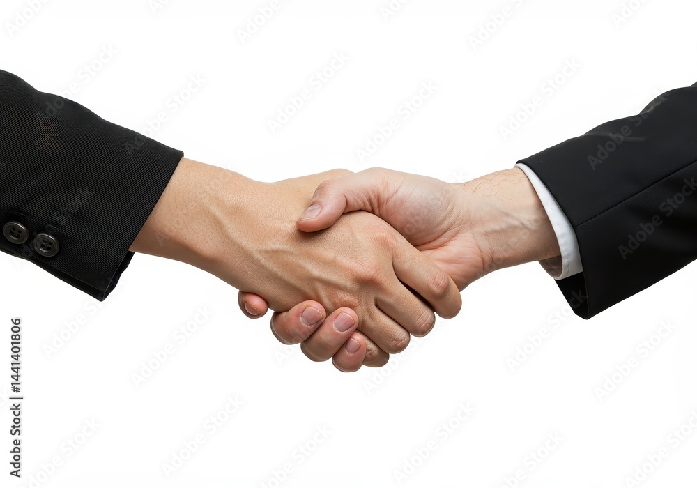 A close up of two hands shaking in front of a white background with black suit sleeves visible A close up of two hands shaking in front of a white background with black suit sleeves visible