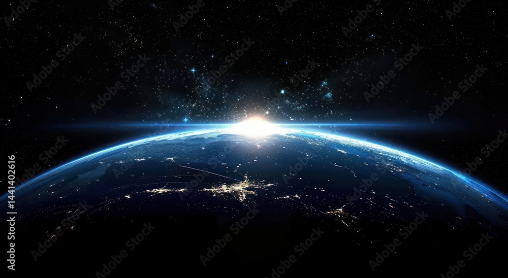 Obraz premium Sunrise seen from space illuminating the curvature of Earth with city lights glowing and stars visible in the dark sky, evoking a sense of wonder and vastness