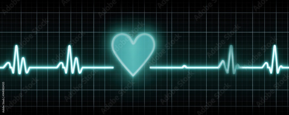 Naklejka premium A glowing heart shape is integrated into a digital electrocardiogram (ECG) line on a dark grid background.